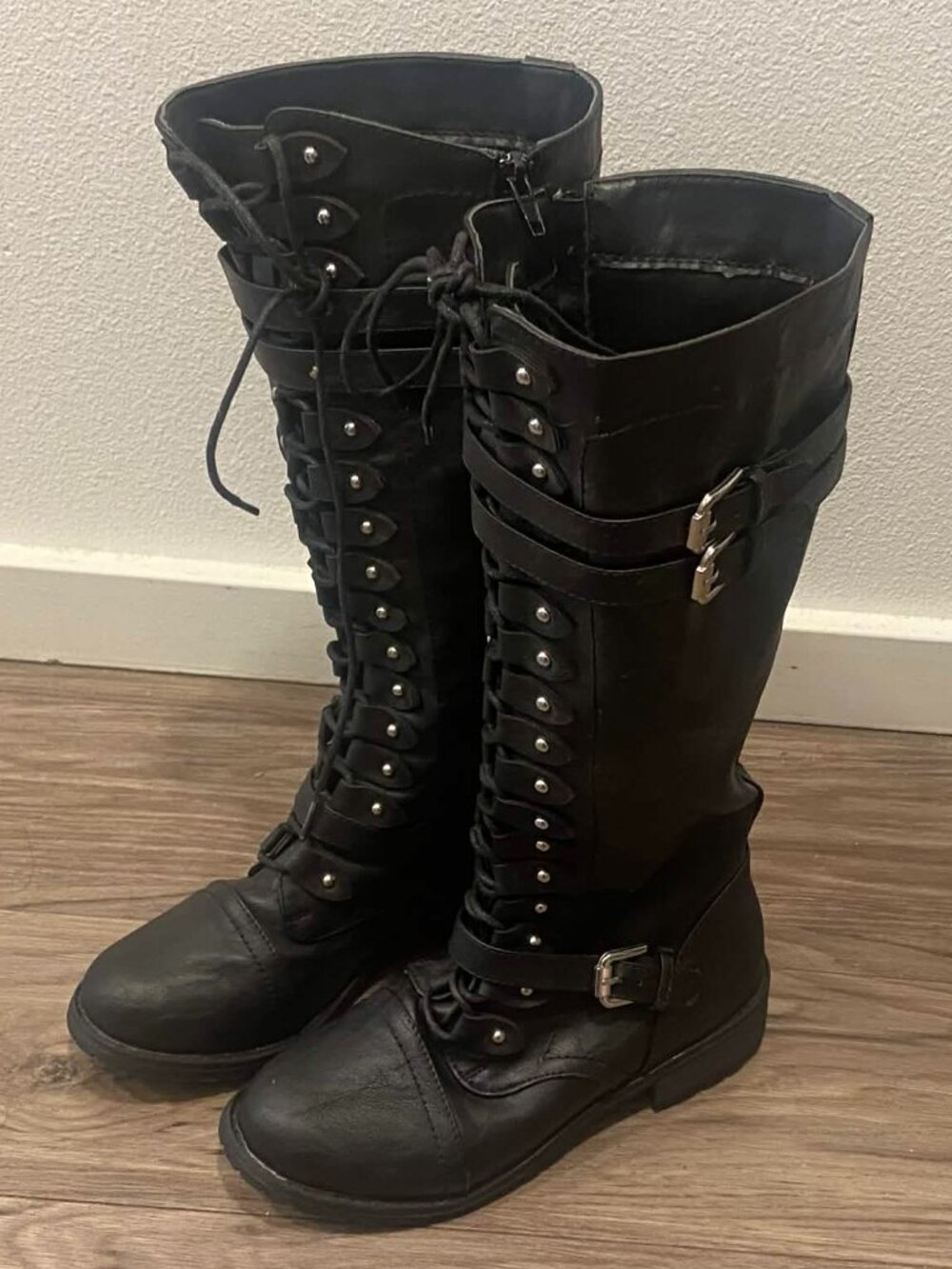 Chartlotte Russe - Black Lace-Up Knee-High Boots with Buckles & ZIppers